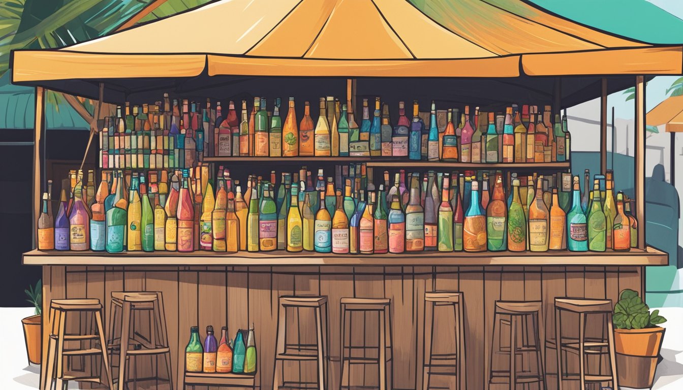 A bustling market stall with colorful bottles of tepache, surrounded by local innovators and brands showcasing their unique cocktail creations