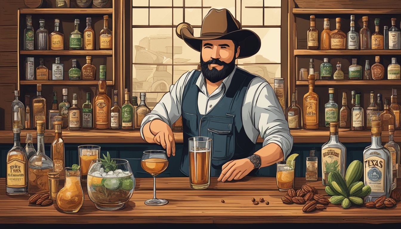 A rustic bar with vintage Texas memorabilia, surrounded by ingredients like whiskey, cactus, and pecans. A mixologist expertly crafts a cocktail