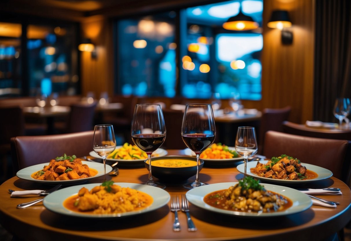 A table set with a variety of spicy dishes and glasses of wine in a cozy, dimly lit restaurant