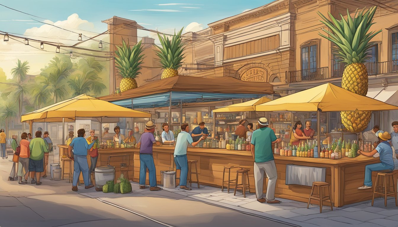 A bustling outdoor Texas market with vendors selling fresh pineapples, cinnamon sticks, and brown sugar, while mixologists craft innovative Tepache cocktails at a lively bar