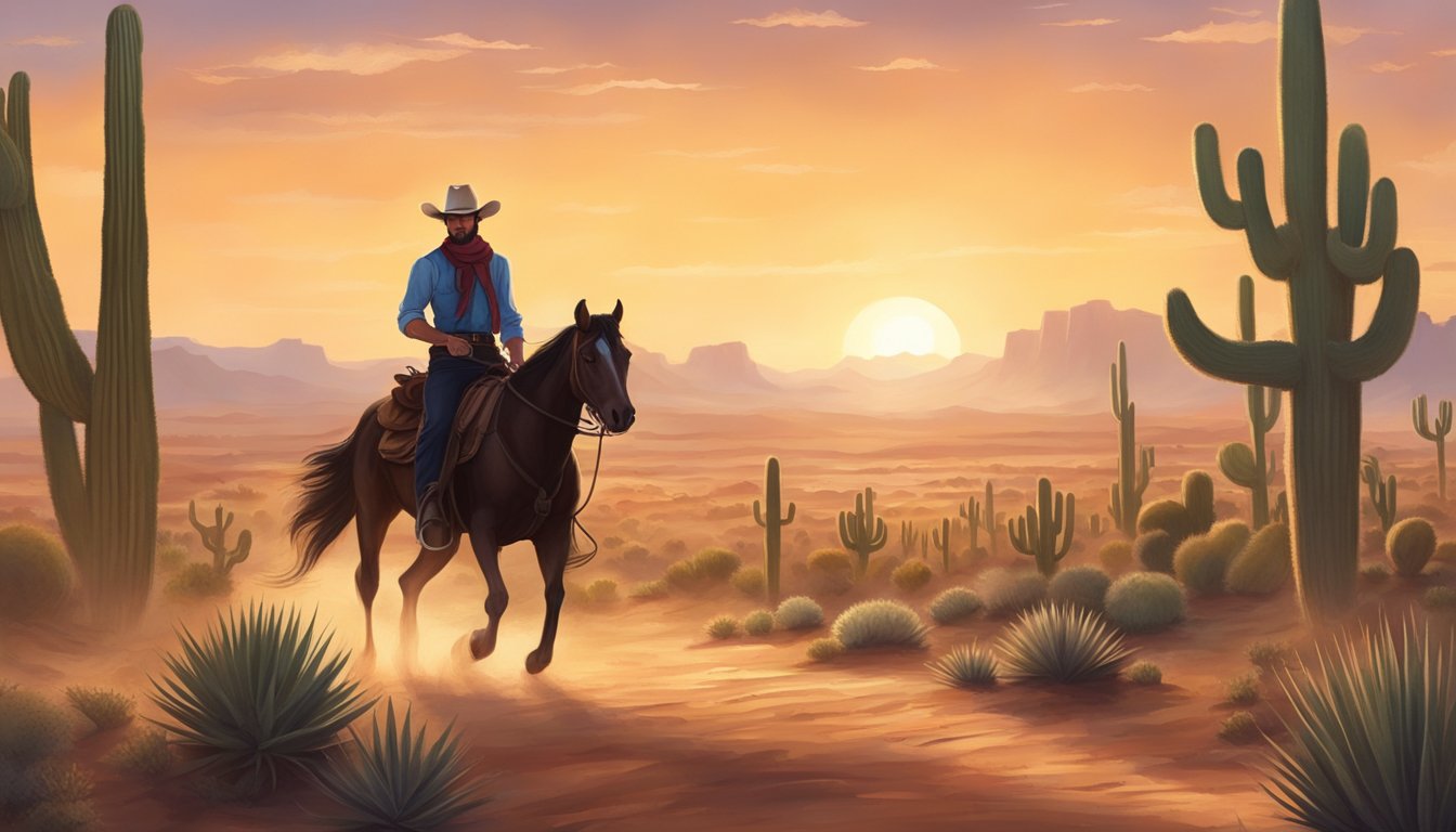 A lone cowboy rides through a dusty desert, surrounded by cacti and a setting sun. A saloon in the distance beckons, filled with the spirit of Texas folklore