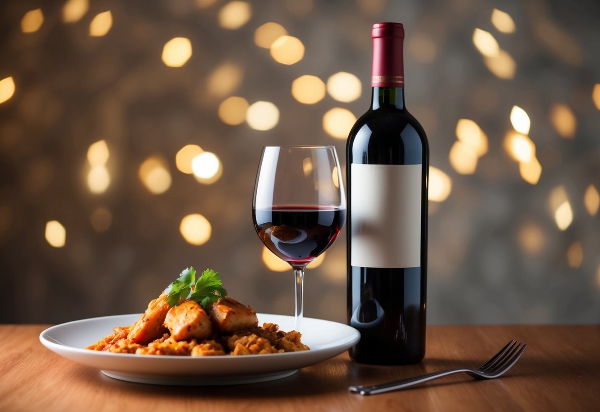 A bottle of red wine next to a plate of spicy food, with a glass filled with the wine and a fork in the food