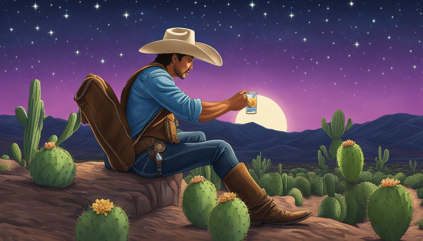 A lone cowboy sipping a prickly pear margarita under a starry Texas sky