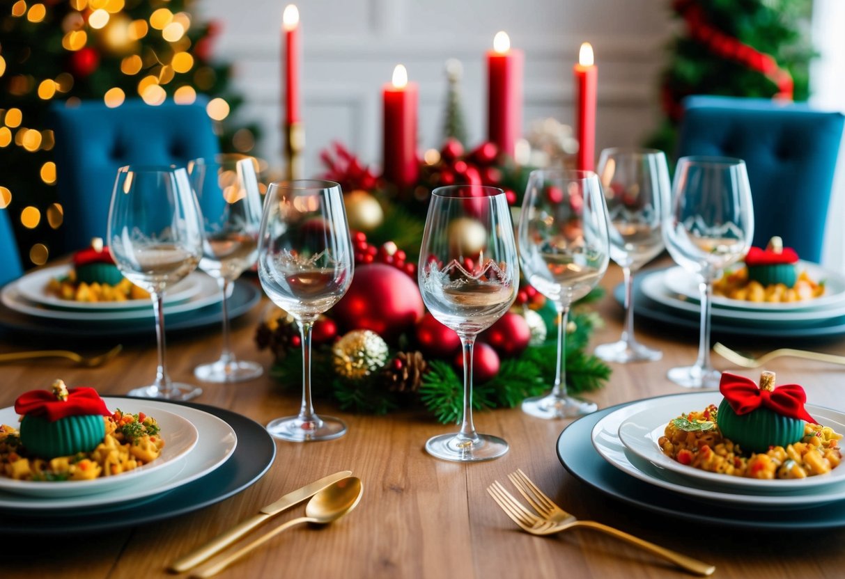 A festive table set with an assortment of elegant wine glasses, surrounded by plates of holiday dishes and decorative seasonal accents