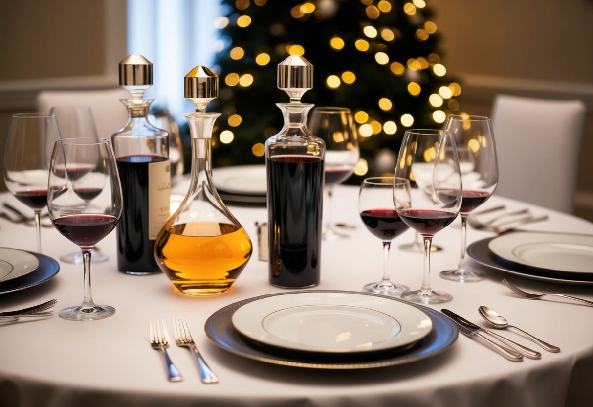 A festive table set with elegant glassware, polished silverware, and a selection of fine wines displayed in beautiful decanters