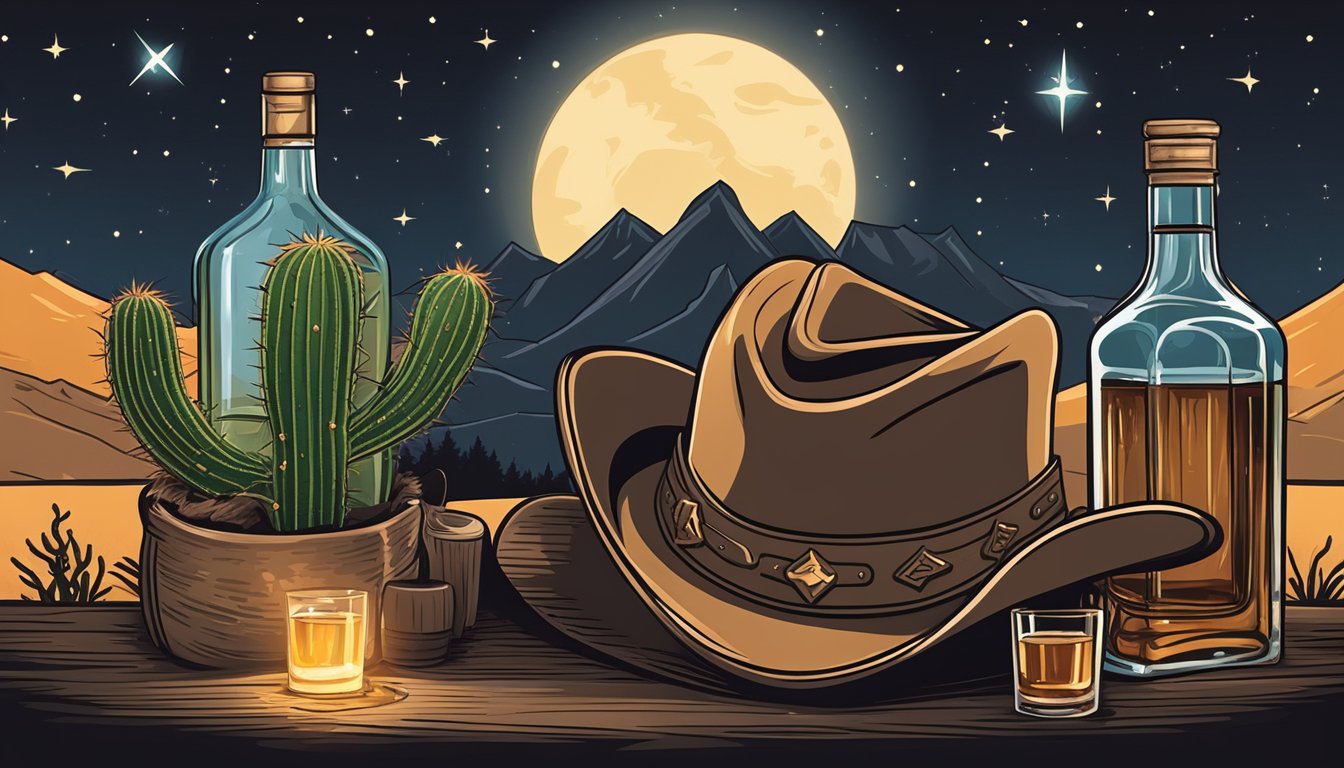 A cowboy hat and a pair of cowboy boots surrounded by bottles of whiskey, cactus, and a campfire under the starry Texas sky