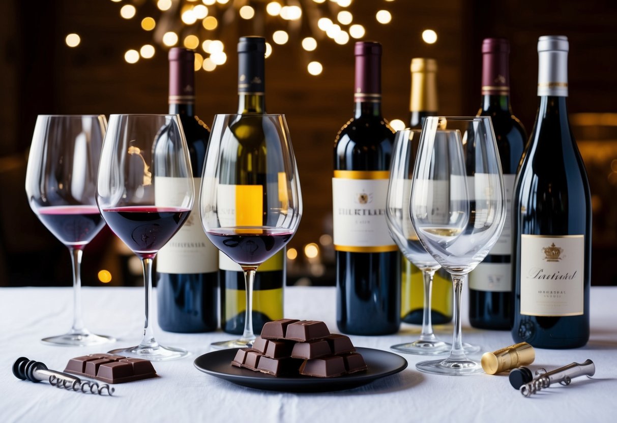 A table set with various types of wine glasses and chocolate bars, surrounded by elegant wine bottles and corkscrews