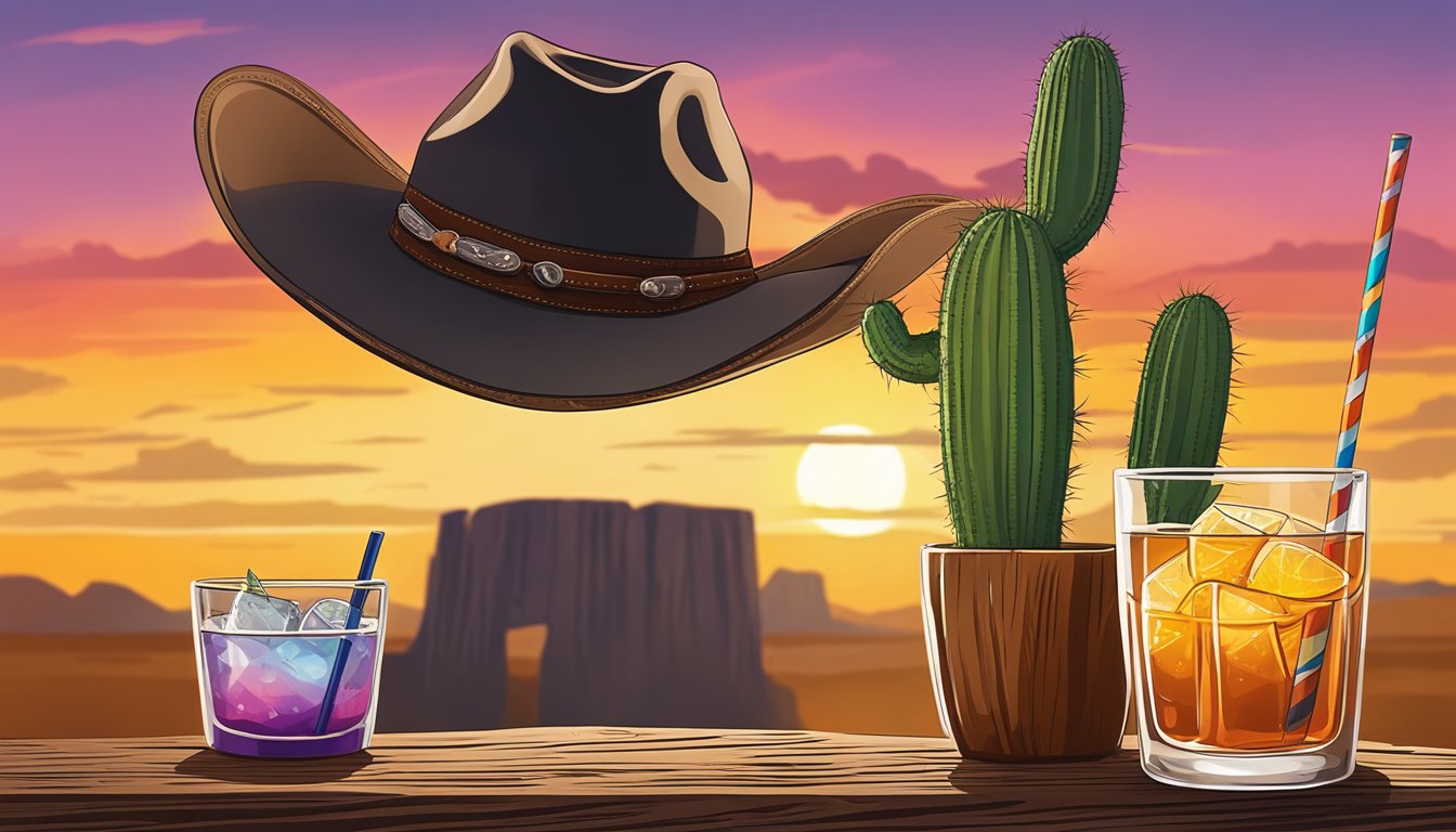 A cowboy hat rests on a weathered wooden bar next to a glass filled with a smoky, amber-colored cocktail. A lone cactus stands in the background against a vibrant Texas sunset