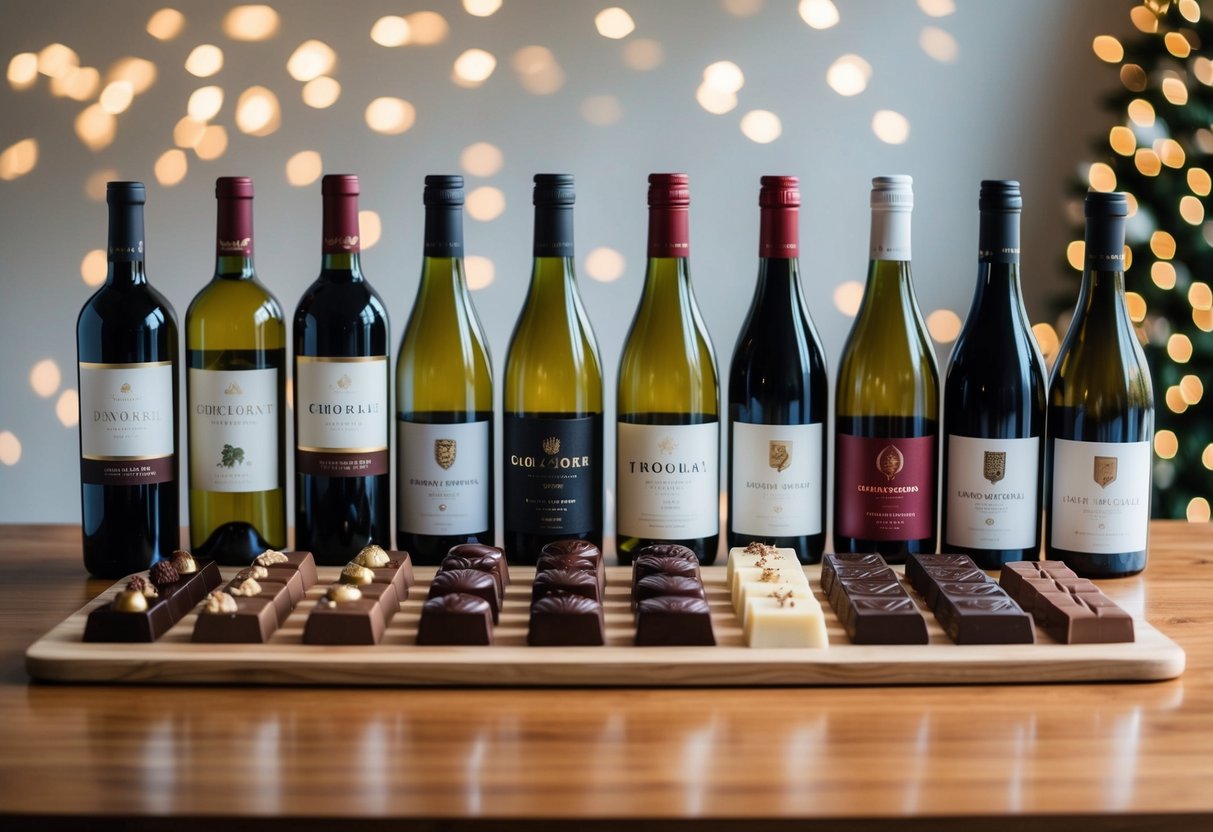 A table set with various bottles of wine and different types of chocolate arranged neatly on a wooden board