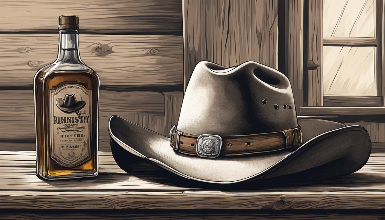 A cowboy hat sits on a weathered bar, next to a cracked leather saddle. A bottle of whiskey and a jar of prickly pear syrup stand nearby, ready for mixing