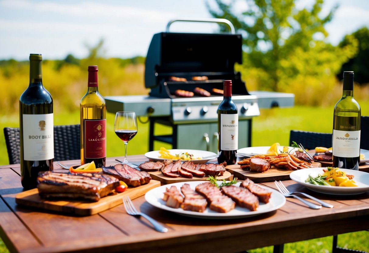 A table set with a spread of BBQ meats and various wine bottles, with a grill in the background