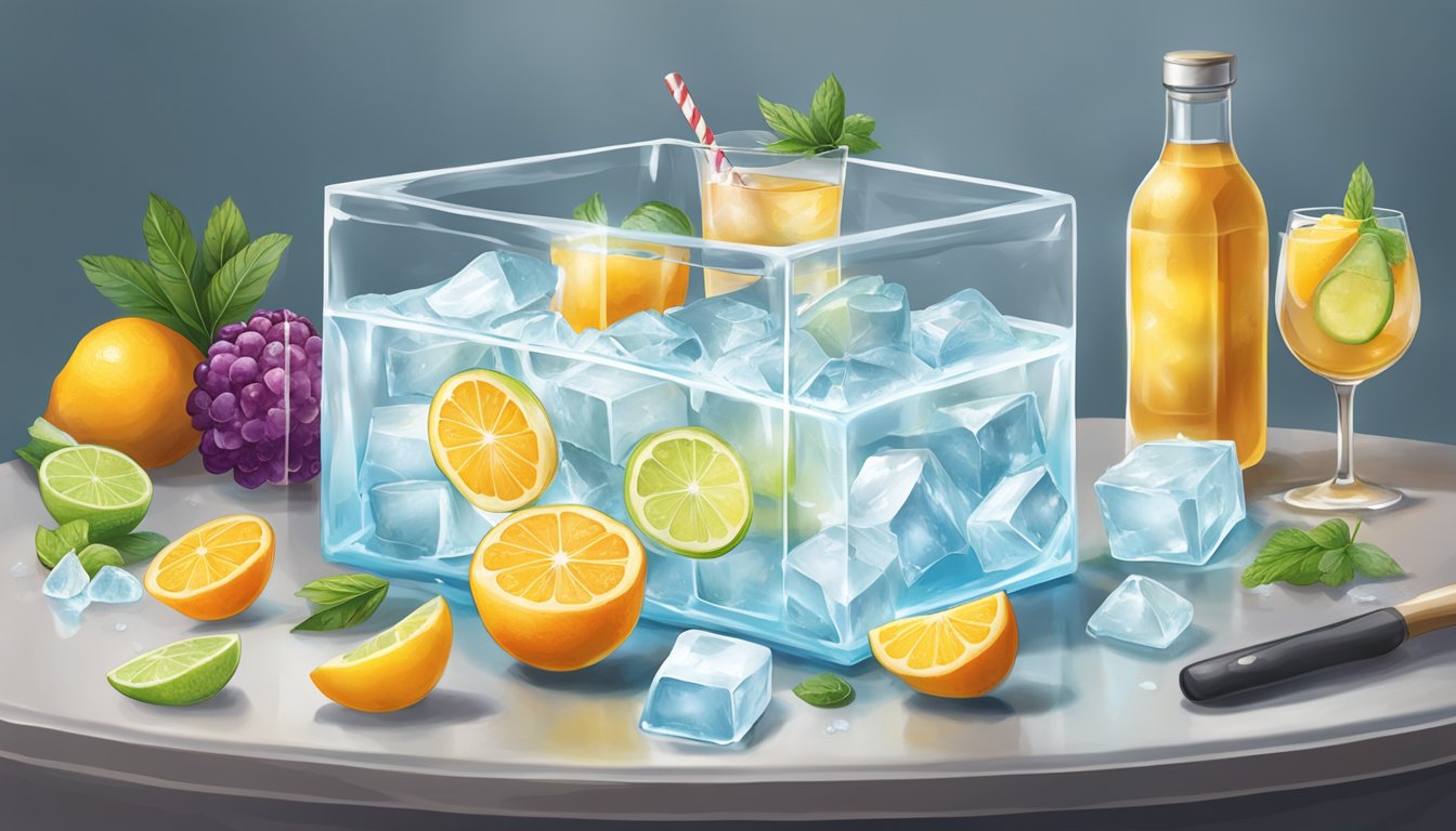 A clear ice block being carefully crafted in a specialized freezer, surrounded by tools and ingredients for crafting Texas cocktails