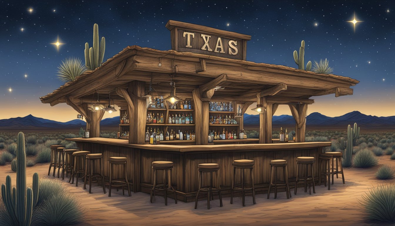 A rustic bar adorned with cowboy hats and spurs, surrounded by cacti and tumbleweeds under a starry Texas sky