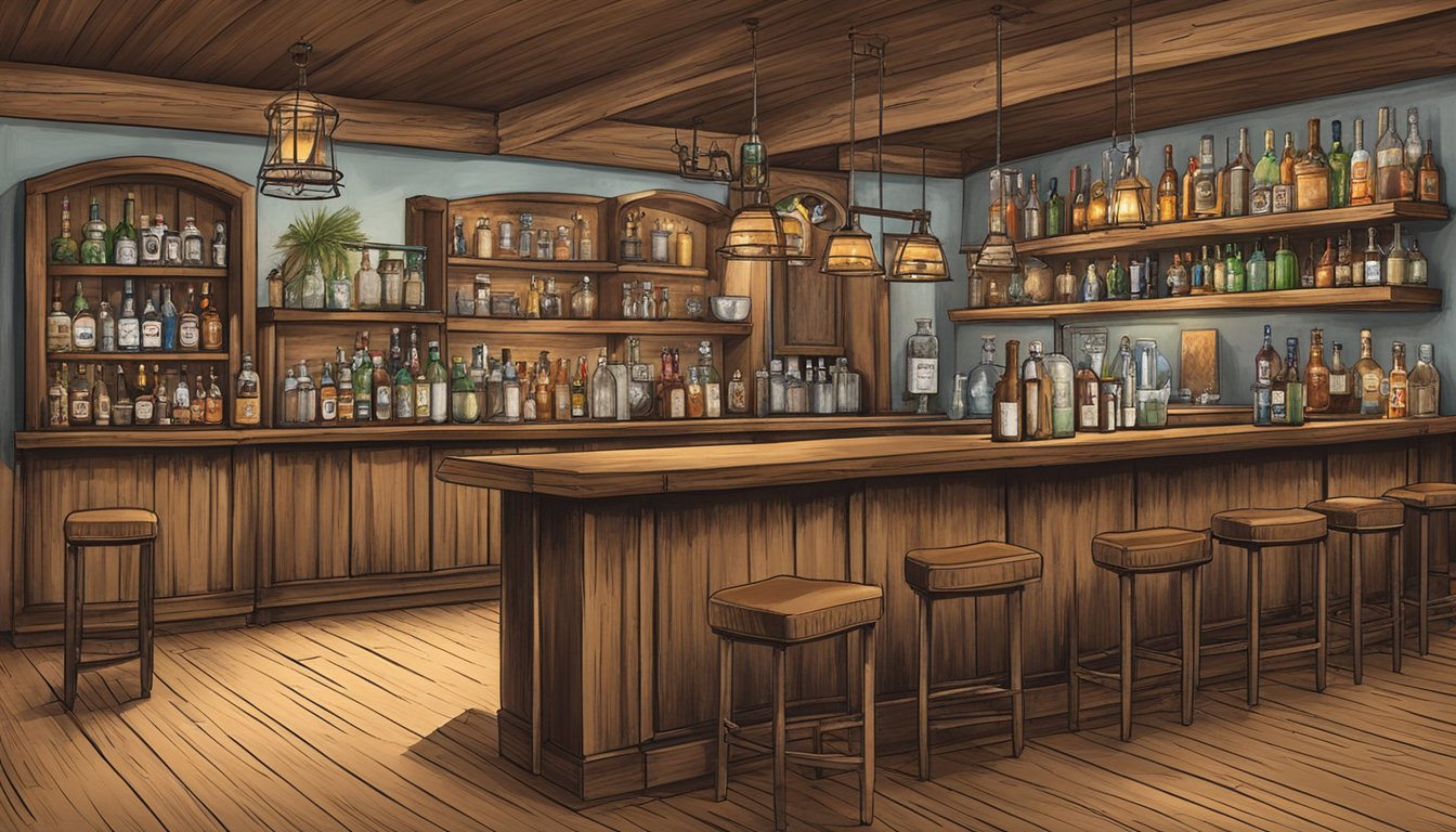 A rustic bar adorned with Texas-themed decor, featuring a display of historical artifacts and a selection of locally-sourced ingredients for crafting cocktails responsibly