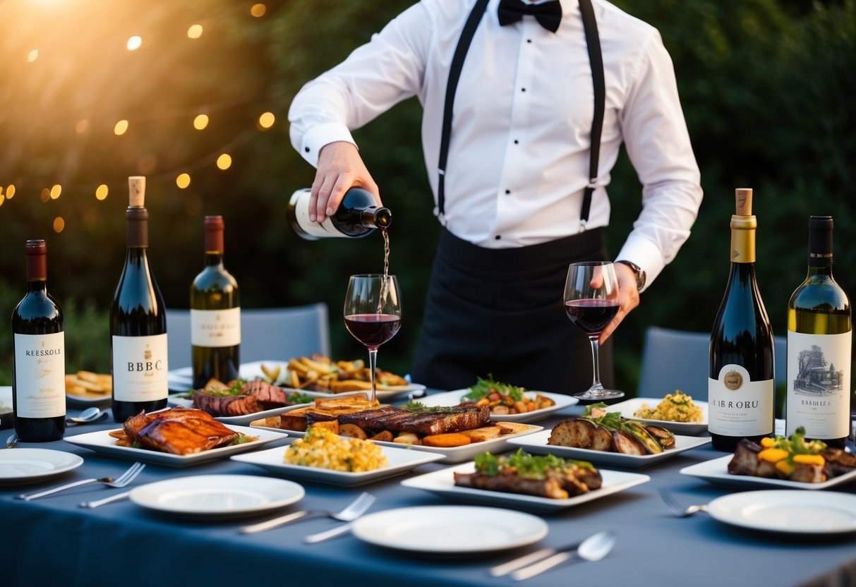 A table set with a spread of BBQ dishes and various wine bottles, with a sommelier pouring wine into a glass