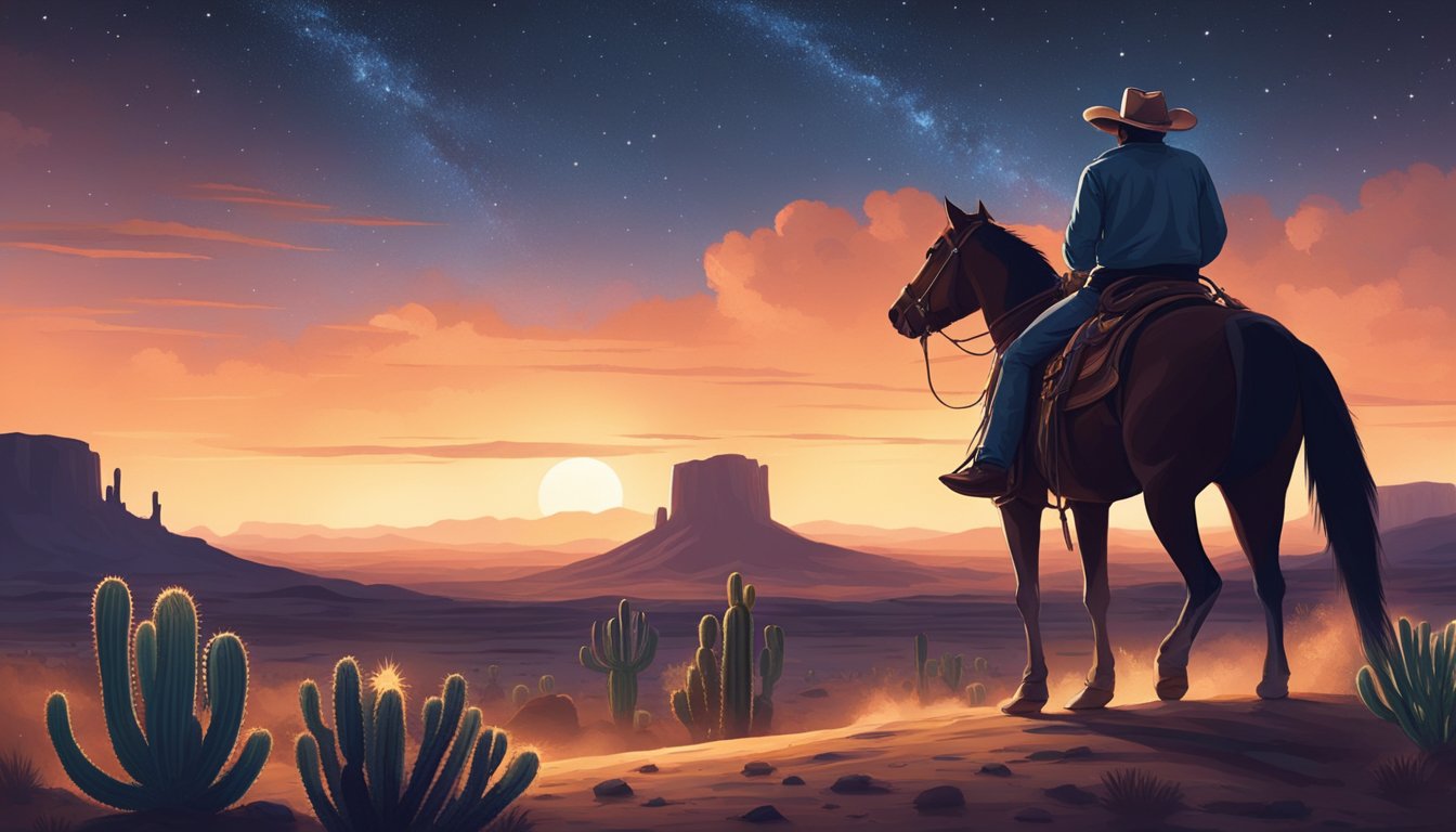 A lone cowboy rides through a vast Texas desert, a campfire flickering under the starry sky, surrounded by cacti and the sound of distant coyotes