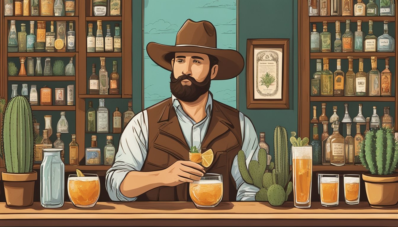 A Texas-themed bar with cowboy hats, cacti, and vintage photos of historical figures like Sam Houston and Davy Crockett. A mixologist crafts unique cocktails using local ingredients and historical inspiration