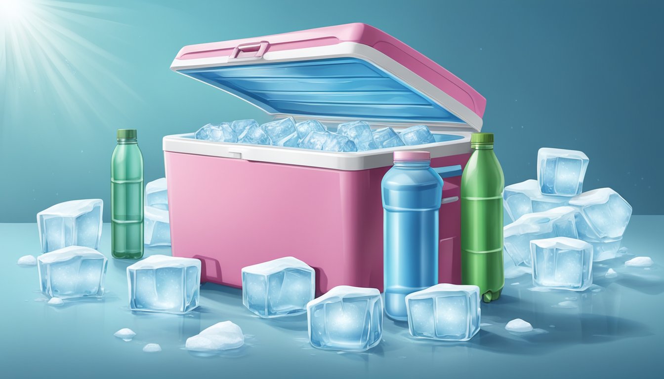 A large insulated cooler filled with purified water, surrounded by ice molds and a small portable freezer