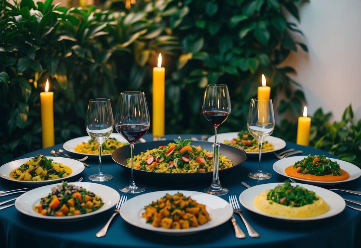 A table set with a variety of vegan dishes and wine glasses, surrounded by lush greenery and soft candlelight