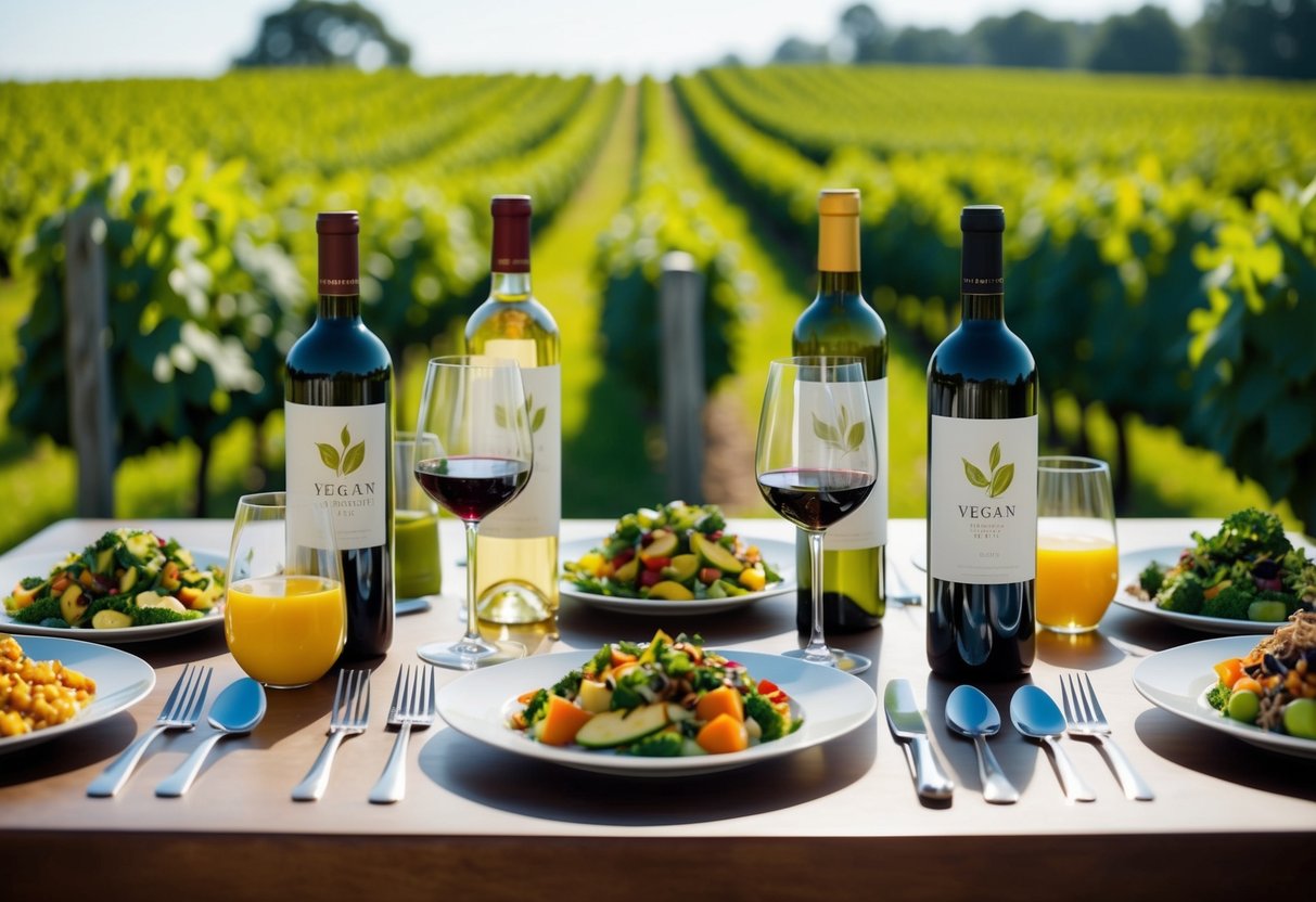 A table set with an assortment of vegan dishes and bottles of vegan-friendly wines, with a lush vineyard in the background