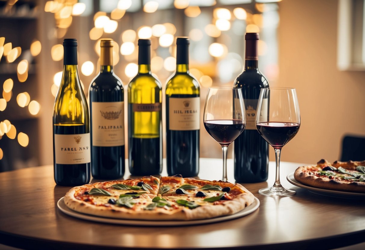 A table set with a variety of wine bottles, a freshly baked pizza, and a couple of wine glasses ready to be poured