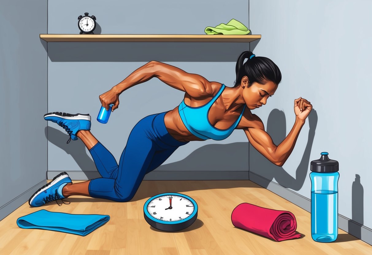 A person doing high-intensity exercises in a small space with a timer, water bottle, and sweat towel nearby