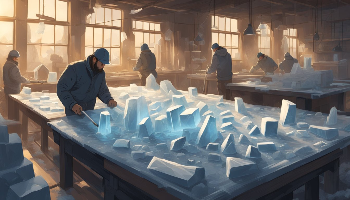 Clear ice blocks being carefully carved with sharp tools in a dimly lit workshop. Shards of ice scatter as the artisan hones the shape