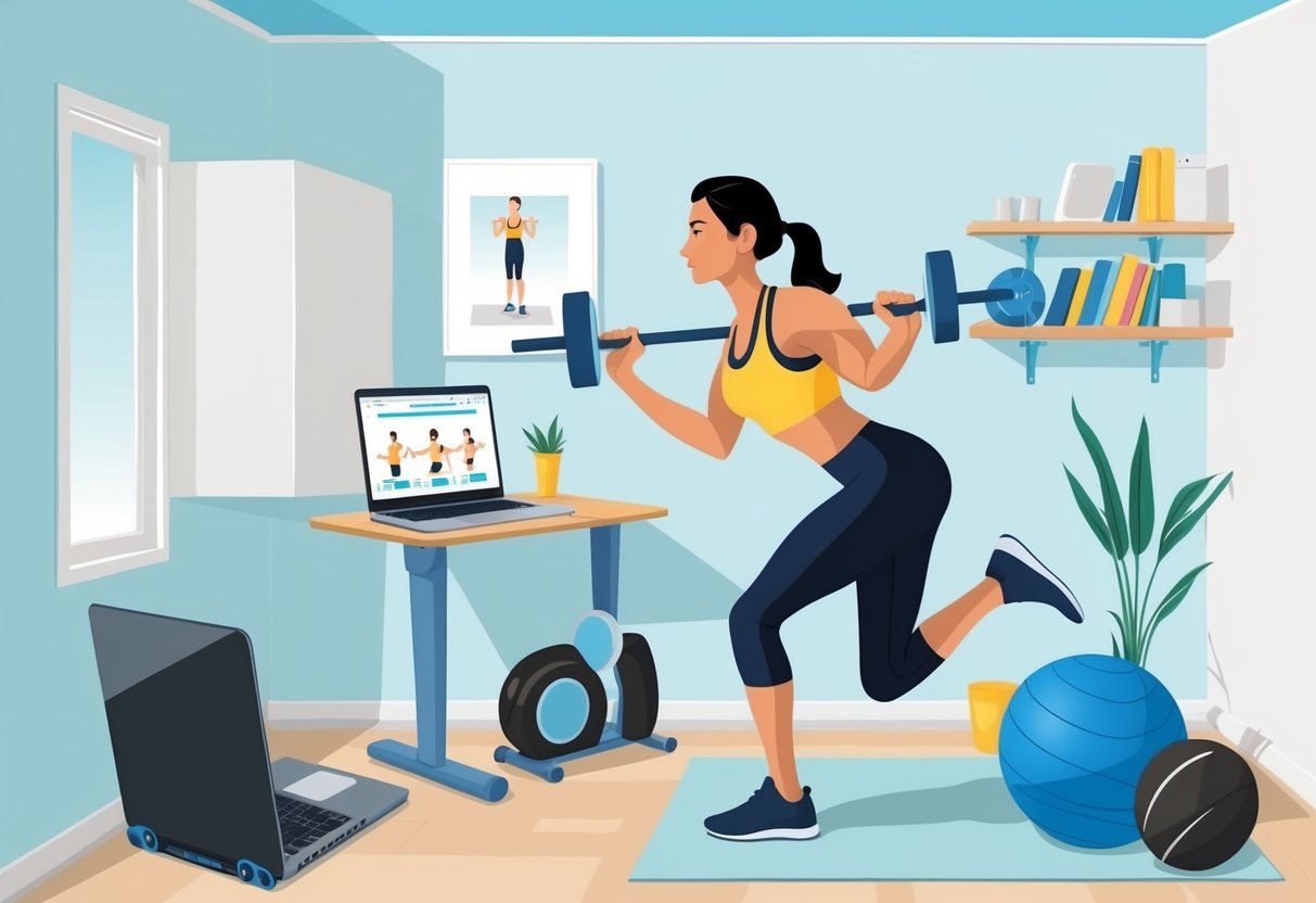 A person doing high-intensity exercises in a small home gym, with a laptop nearby for online personal training. The room is bright and clutter-free