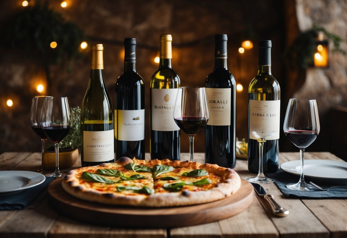 A table set with various wine bottles, glasses, and a freshly baked pizza on a wooden board. A cozy atmosphere with dim lighting and a rustic backdrop