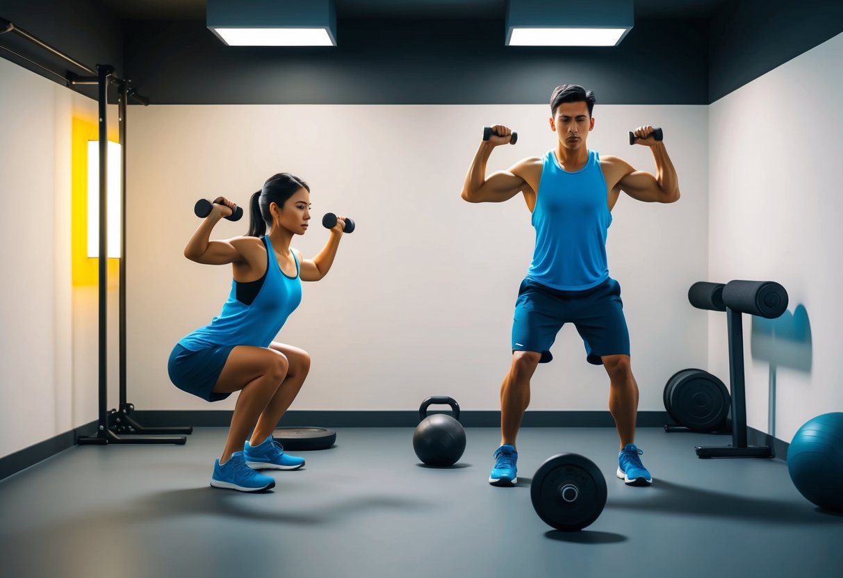A person working out in a small, well-lit space with minimal equipment, performing high-intensity exercises such as squats, push-ups, and burpees