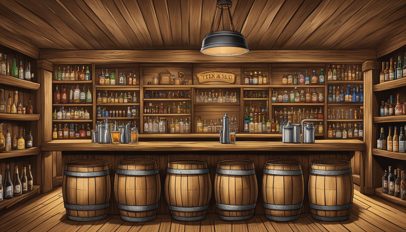 A rustic Texas bar with cowboy hats and boots, surrounded by fields of wheat and barley. A large wooden barrel labeled "Texas Kvass" sits prominently on the bar, while various Texas spirits line the shelves