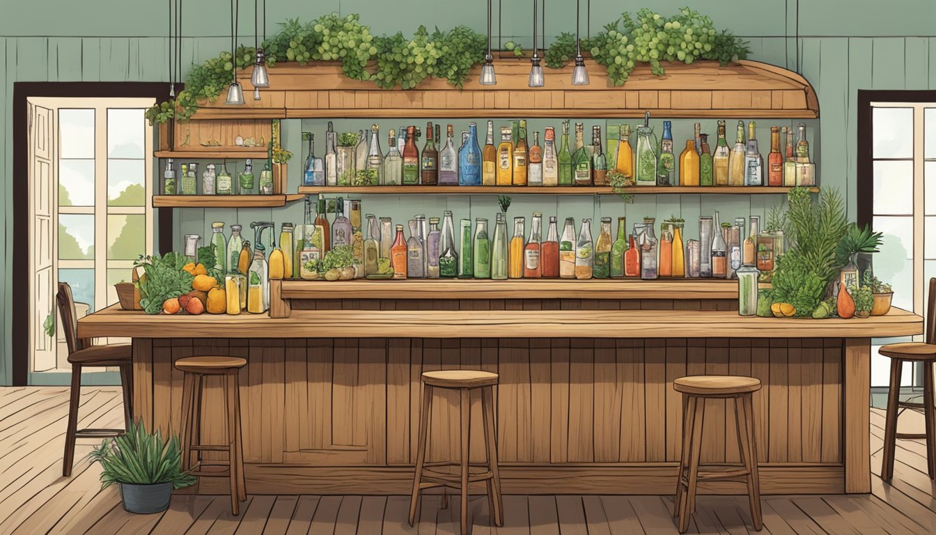 A rustic wooden bar adorned with bottles of Texas kefir, fresh fruits, and herbs, with a mixologist expertly crafting innovative kefir cocktails