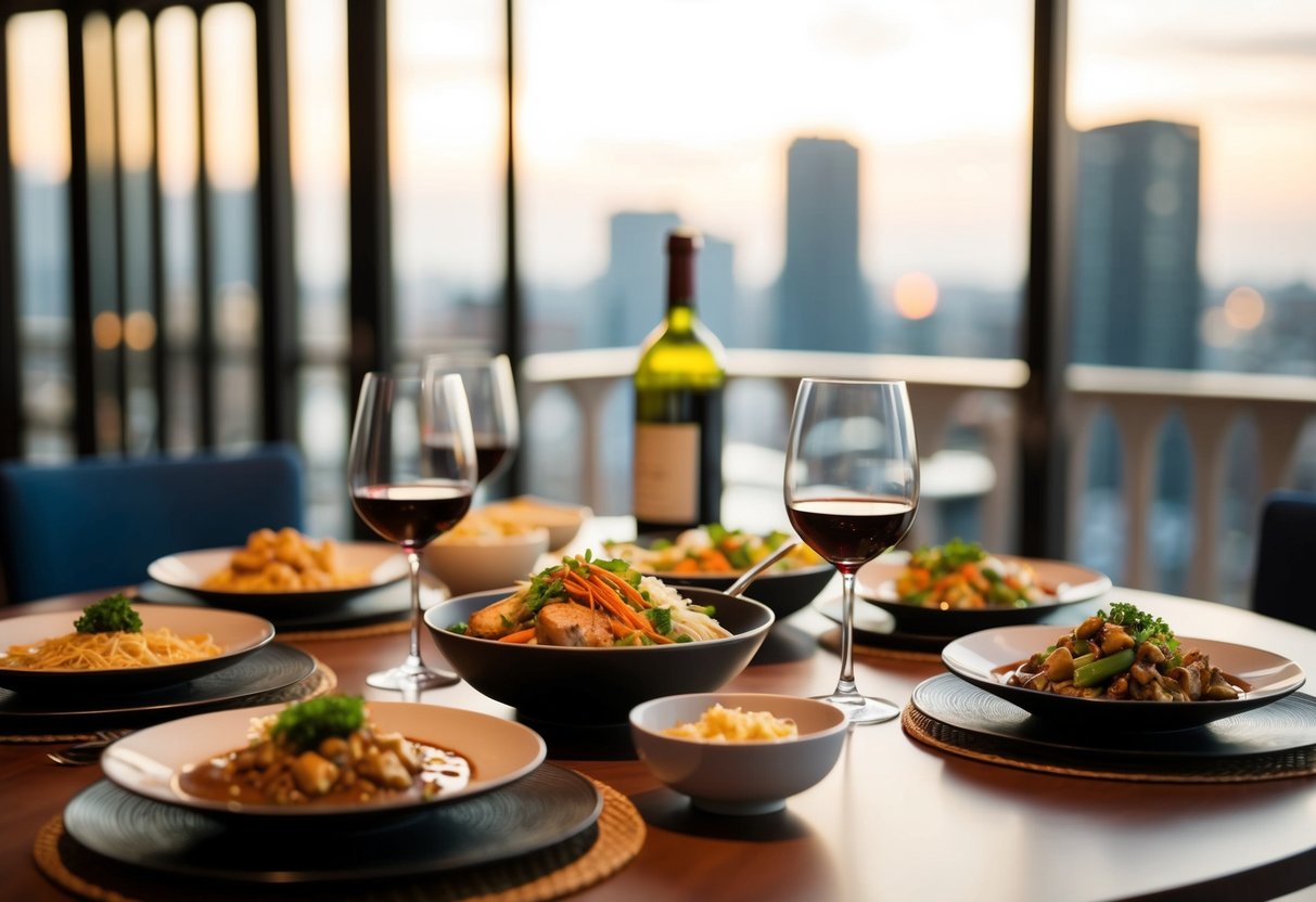 A table set with various Asian dishes and wine glasses