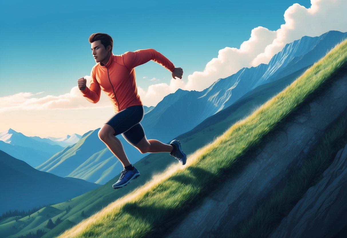 A person sprinting up a steep hill, with a determined expression, surrounded by a scenic landscape of mountains and a clear blue sky