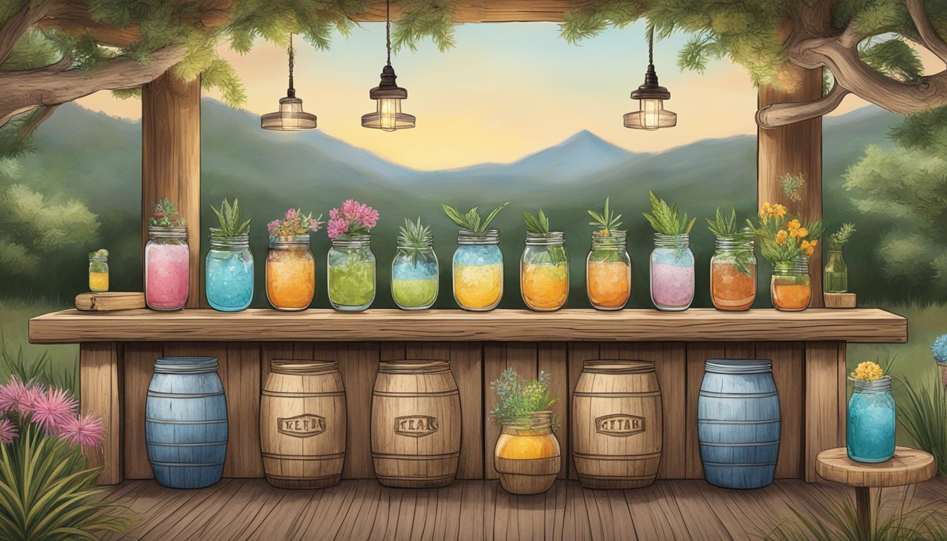 A rustic wooden bar adorned with mason jars filled with colorful Texas kefir cocktails, surrounded by native Texan flora and fauna