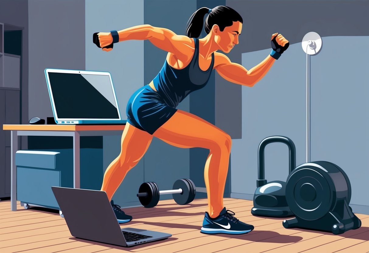A person is doing high-intensity exercises in a small space with a laptop and workout equipment nearby. The atmosphere is focused and energetic