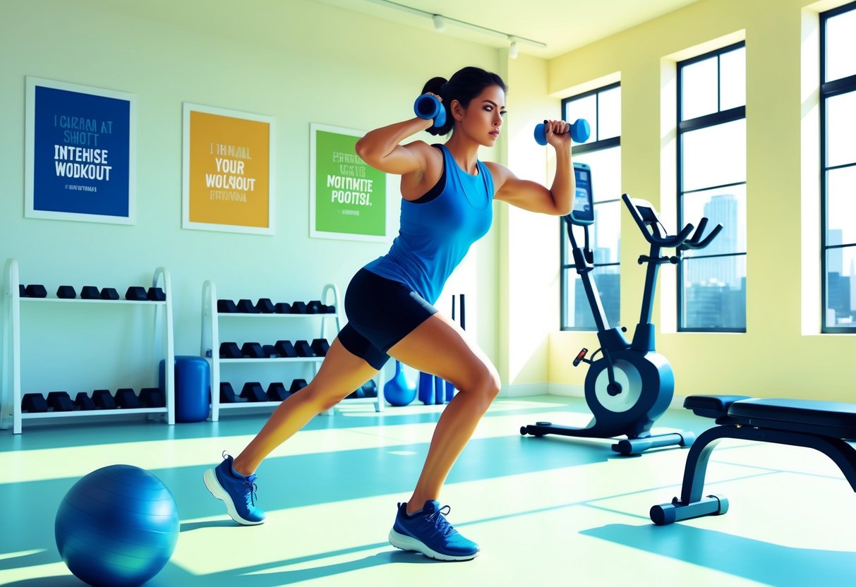 A person is doing a short intense workout in a bright, spacious room with exercise equipment and motivational posters on the walls. The person looks focused and determined