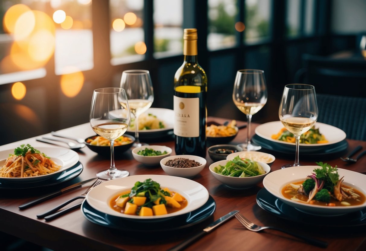 A table set with Southeast Asian dishes and wine glasses. A bottle of wine and various Asian ingredients are scattered around the table