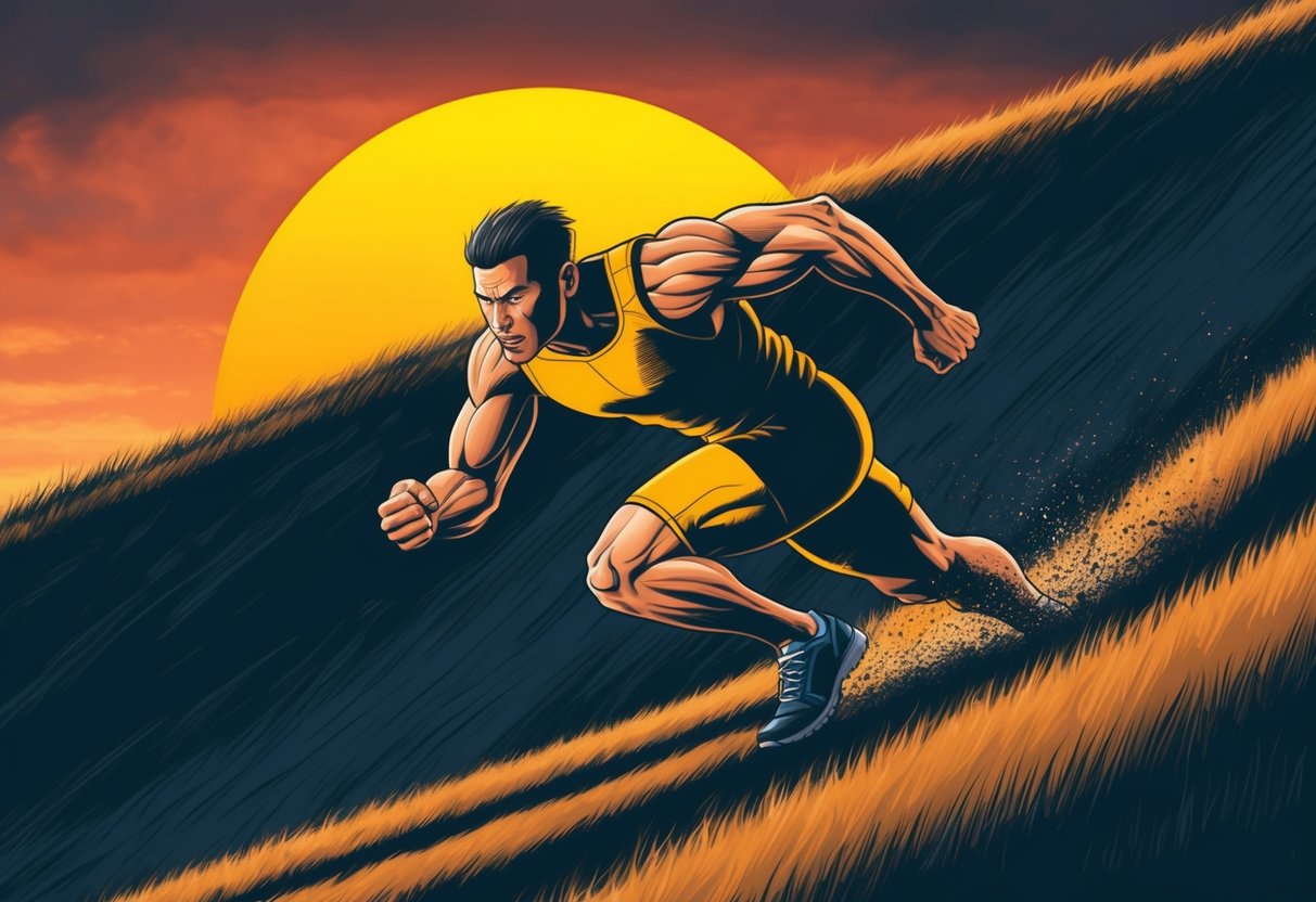 A figure sprinting up a steep hill, muscles straining, with a determined expression, surrounded by a backdrop of a fiery sunset