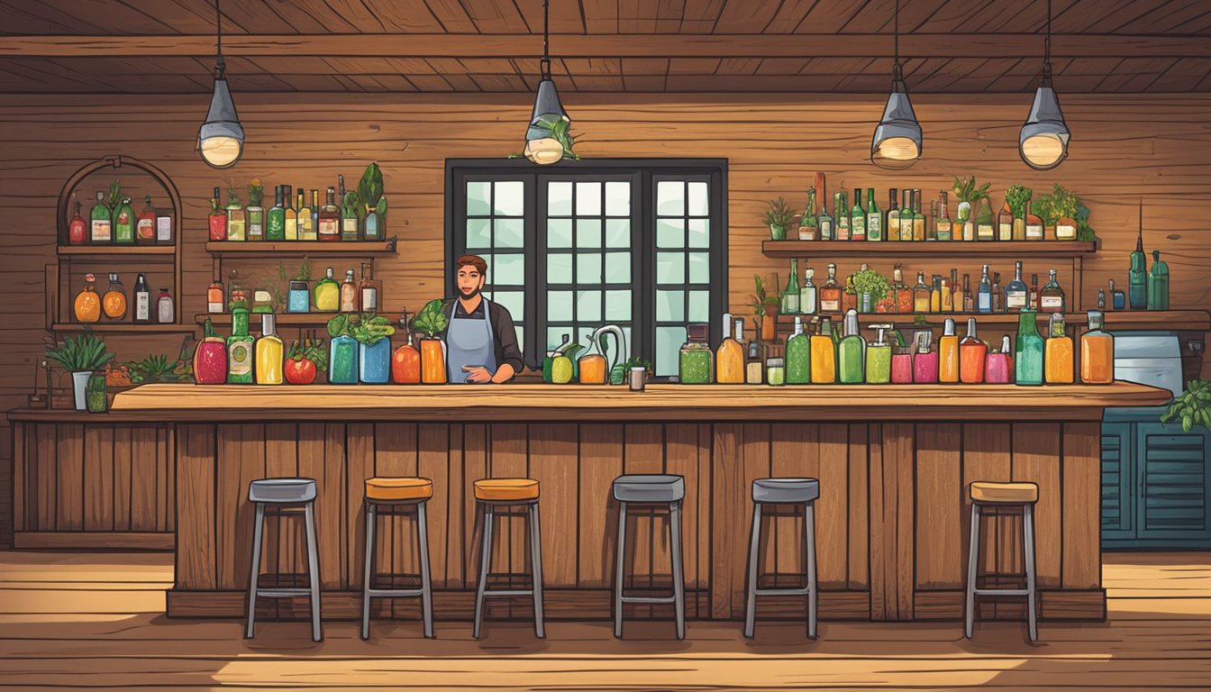 A rustic wooden bar adorned with fresh fruits, herbs, and bottles of flavored kefir. A bartender expertly mixes ingredients in a shaker, creating vibrant Texas kefir cocktails