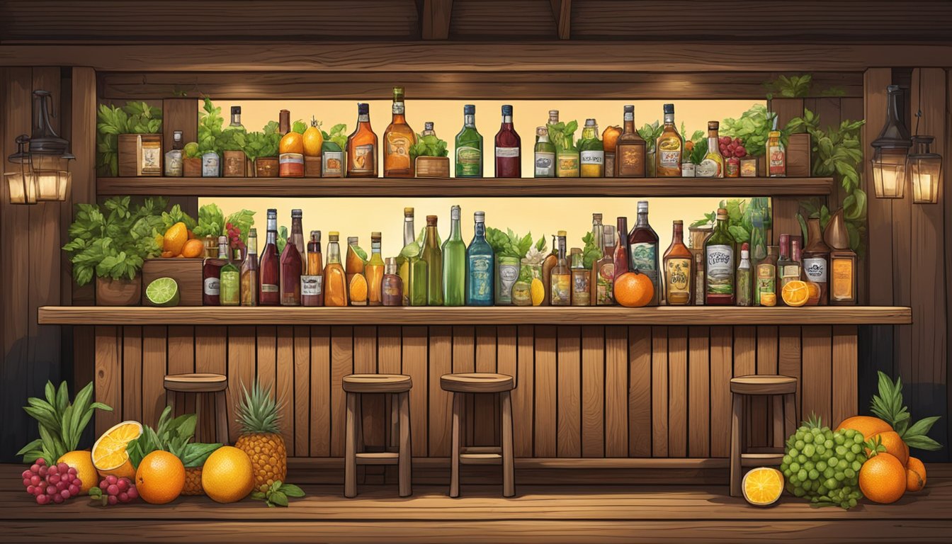 A rustic wooden bar adorned with fresh fruits, herbs, and spices, surrounded by bottles of Texas kvass and cocktail shakers