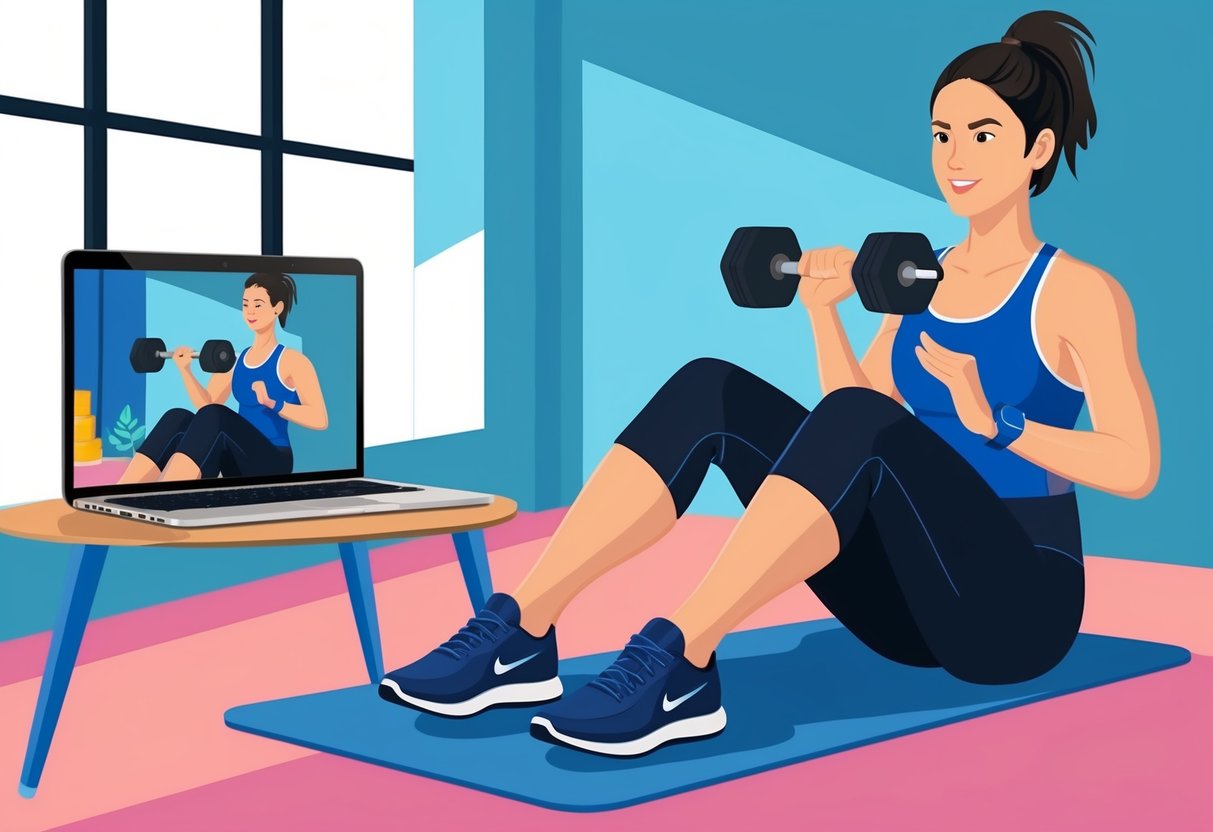 A person performing a high-intensity workout in a virtual training session, with a laptop or phone displaying a personal trainer guiding them through the exercises