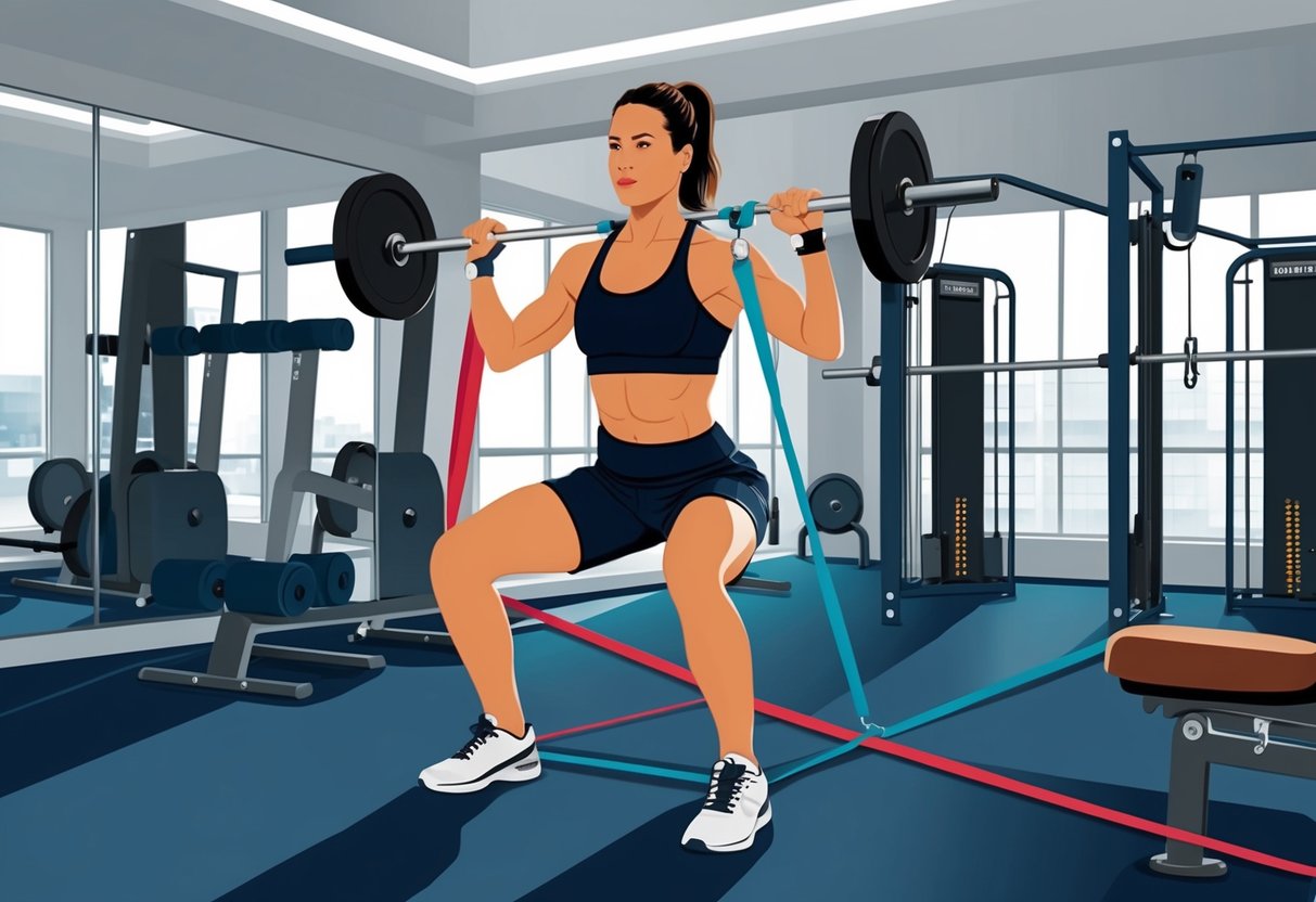 A person doing high-intensity interval training, using weights and resistance bands, in a well-lit gym with modern equipment