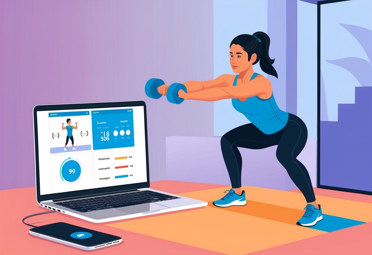 A person completing a high-intensity workout in a virtual training session, with a laptop or phone displaying personalized progress tracking