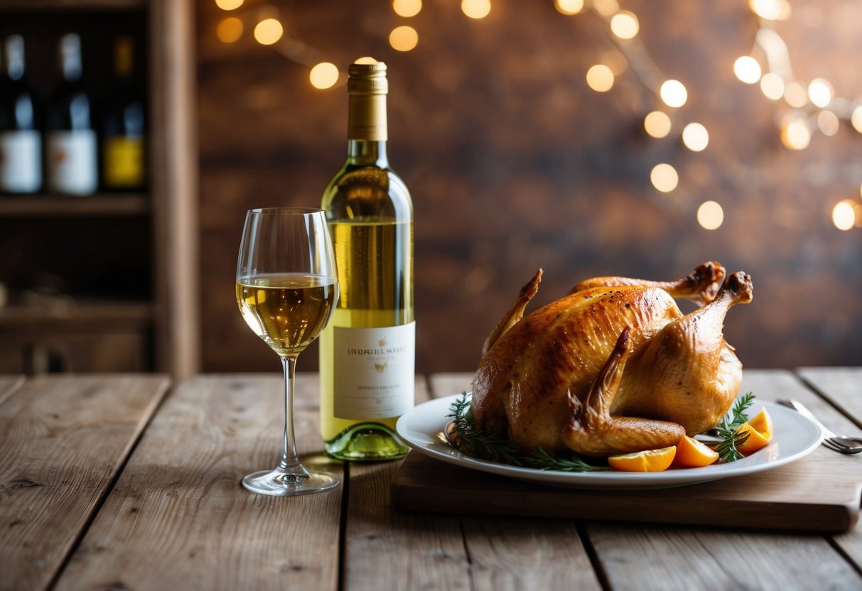 A bottle of white wine next to a roasted chicken on a rustic wooden table