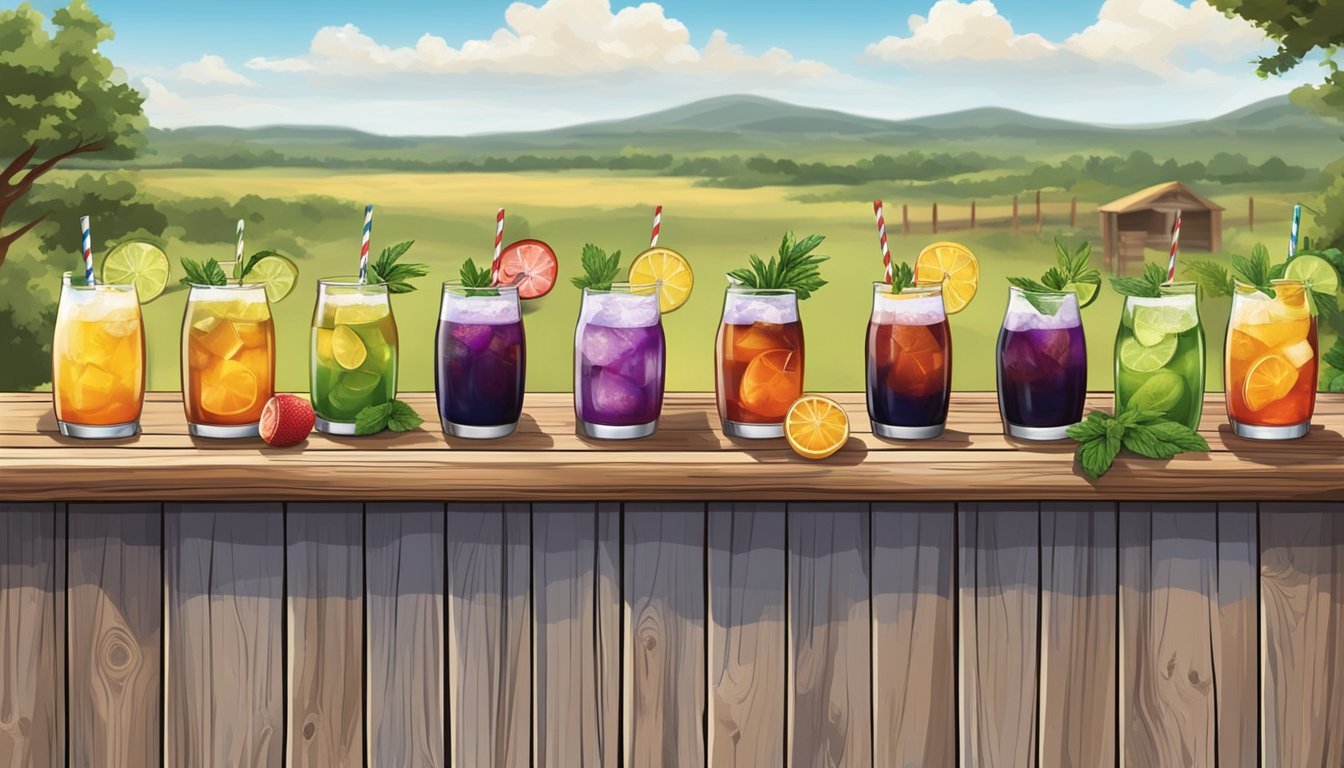 A rustic wooden bar with a lineup of colorful Texas kvass cocktails, garnished with fresh fruit and herbs, set against a backdrop of Texan countryside