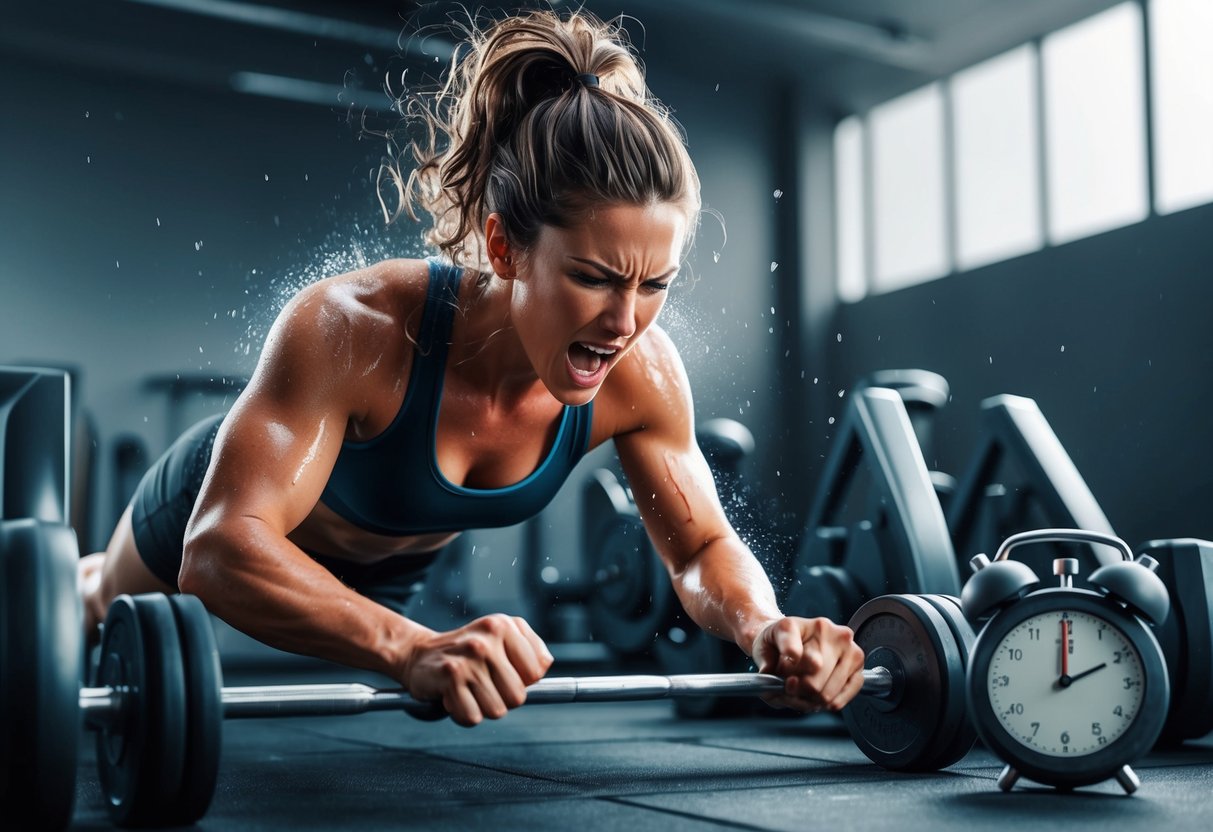 A person sweating intensely while pushing through a challenging workout, surrounded by exercise equipment and a timer counting down