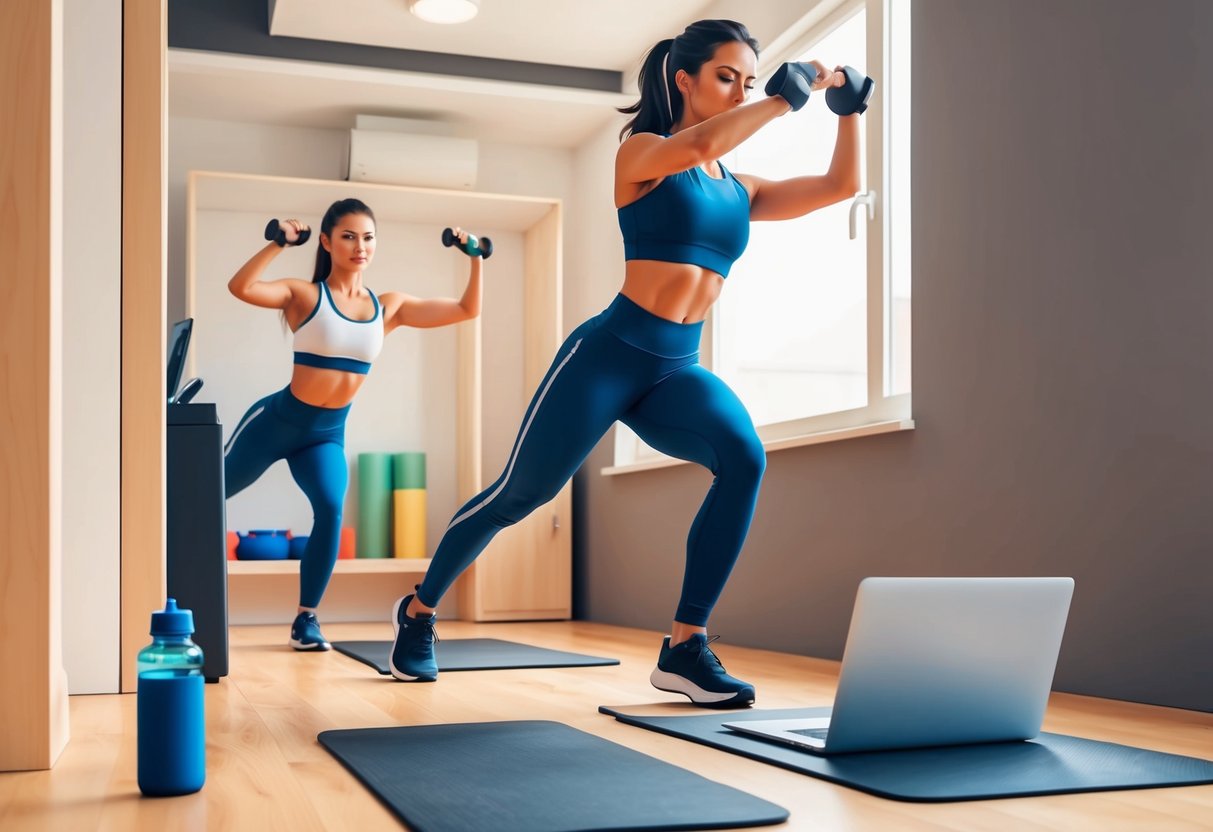 A person in workout clothes doing high-intensity exercises in a small, well-lit home gym with a laptop and water bottle nearby