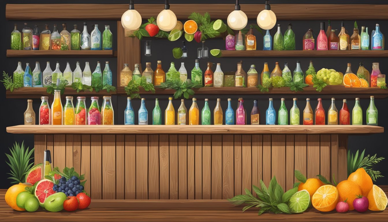 A rustic wooden bar adorned with Texas kefir bottles, fresh fruits, and herbs for creating vibrant cocktails