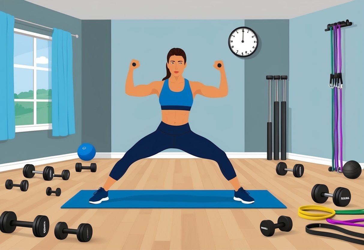 A person performing high-intensity interval training in a virtual workout session, with a timer counting down and various equipment such as dumbbells and resistance bands scattered around the room